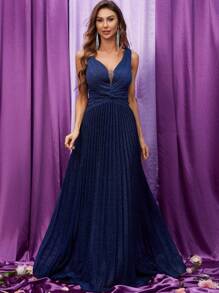 深V領金屬質感正式洋裝 - 藏蓝色 - 查看 1