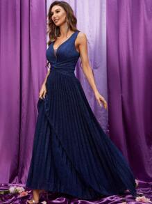 深V領金屬質感正式洋裝 - 藏蓝色 - 查看 6