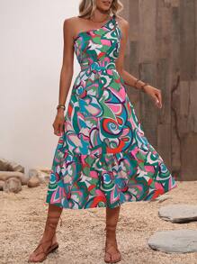 SHEIN VCAY Allover Print One Shoulder Ruffle Hem Dress - Multicolor - View 1