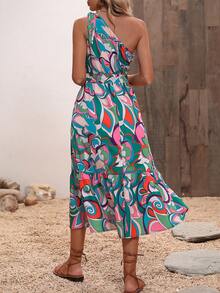 SHEIN VCAY Allover Print One Shoulder Ruffle Hem Dress - Multicolor - View 2