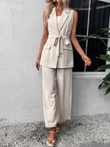 SHEIN Clasi Bộ âu phục nữ Thắt lưng Túi màu trơn Thanh lịch - Màu be - Xem 5