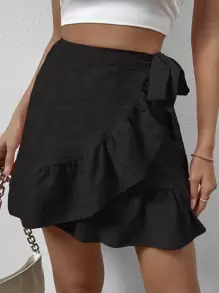 Chiquease Ruffle Trim Wrap Knot Side Skirt - Black - View 1