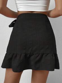 Chiquease Ruffle Trim Wrap Knot Side Skirt - Black - View 2