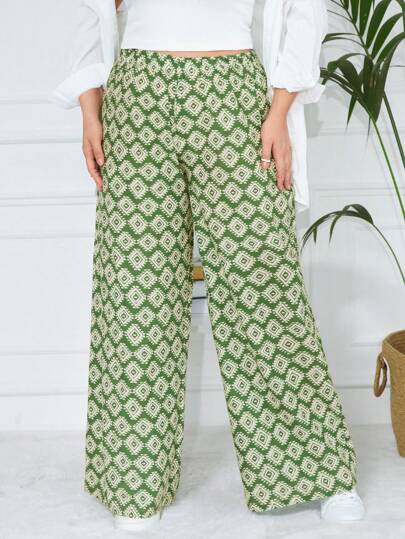 EURMUSE Plus Allover Geo Print Wide Leg Trousers