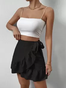 Chiquease Ruffle Trim Wrap Knot Side Skirt - Black - View 4