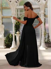 Off-The-Shoulder Draped Side Slit Formal Dress, Elegant Bridesmaid Dress - Black - View 2