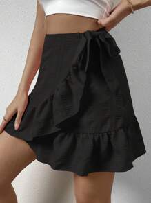 Chiquease Ruffle Trim Wrap Knot Side Skirt - Black - View 6