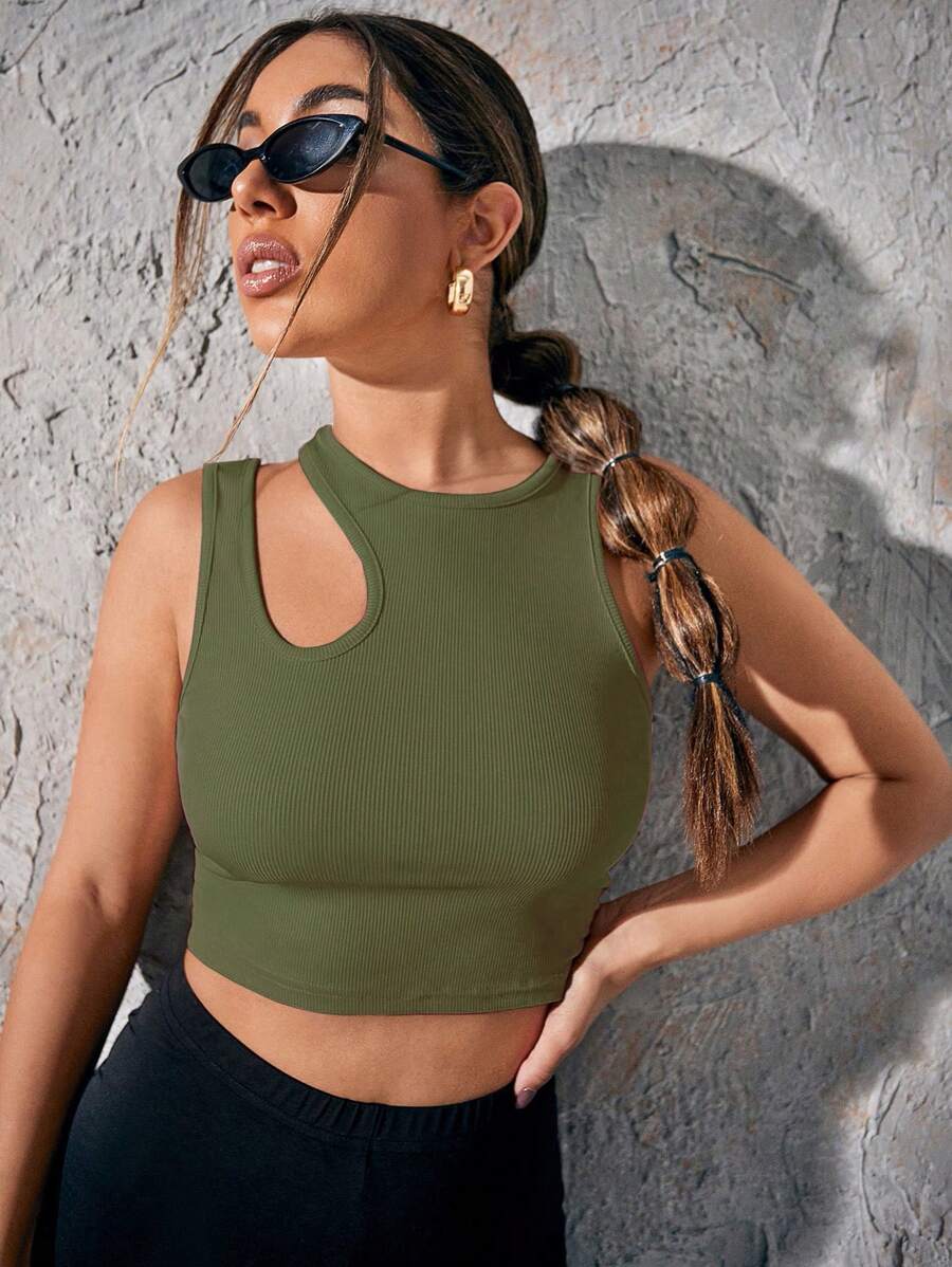 SHEIN Essnce Áo nữ Bất đối xứng Cắt ra Gân đan màu trơn Giải trí - xanh quân đội - Xem 1