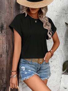 SHEIN LUNE 素色蝙蝠袖華夫格編織T恤 - 黑色 - 查看 4