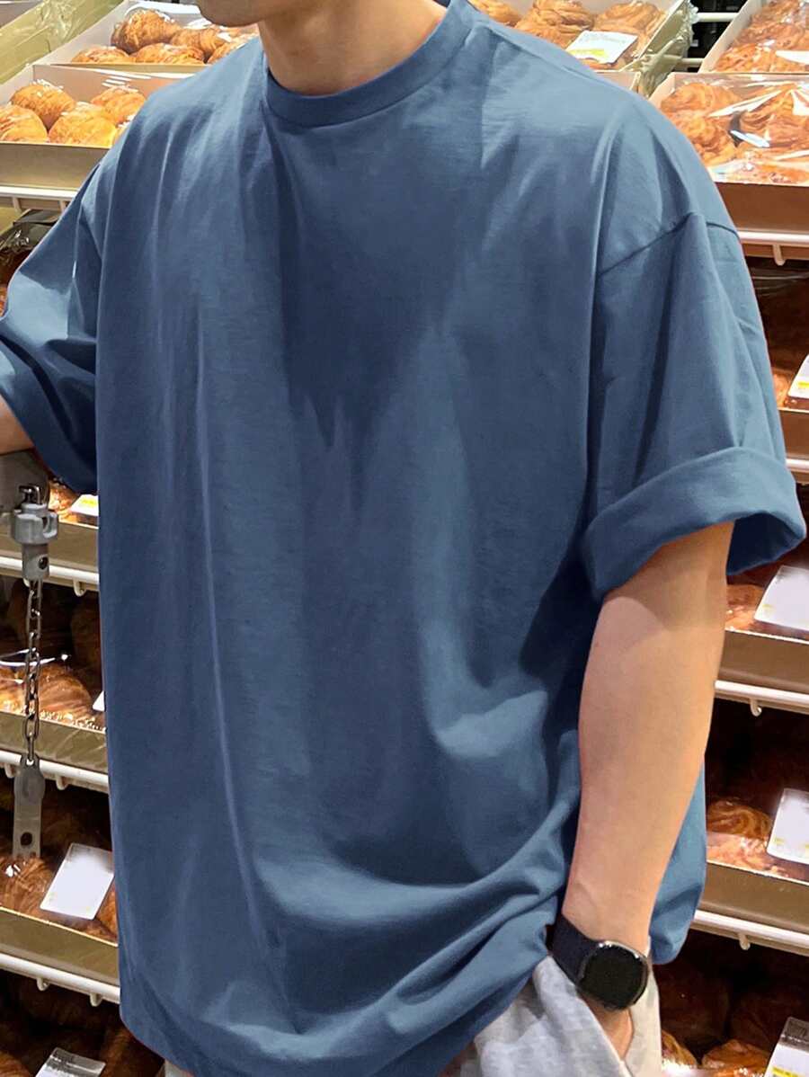 DAZY Men Cotton Solid Drop Shoulder Tee,Back To School Clothes - Dusty Blue - View 1