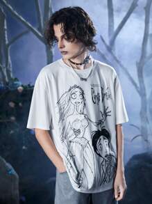 ROMWE MEN Corpse Bride | ROMWE 男士棉質人物圖形t恤 - 白色 - 查看 7