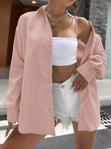 SHEIN Unity Solid Drop Shoulder Button Front Shirt - Pink - View 1