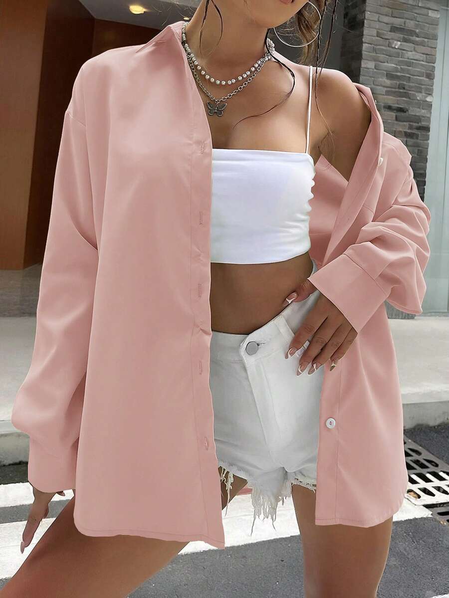 SHEIN Unity Solid Drop Shoulder Button Front Shirt - Pink - View 1