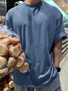 DAZY Men Cotton Solid Drop Shoulder Tee,Back To School Clothes - Dusty Blue - View 2