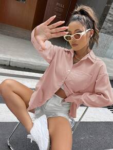 SHEIN Unity Solid Drop Shoulder Button Front Shirt - Pink - View 5