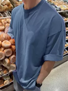 DAZY Men Cotton Solid Drop Shoulder Tee,Back To School Clothes - Dusty Blue - View 4