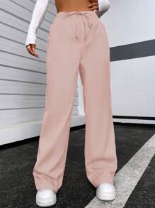 SHEIN Unity 素色腰部抽繩直筒褲 - 藕粉色 - 查看 3