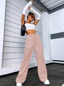 SHEIN Unity 素色腰部抽繩直筒褲 - 藕粉色 - 查看 4