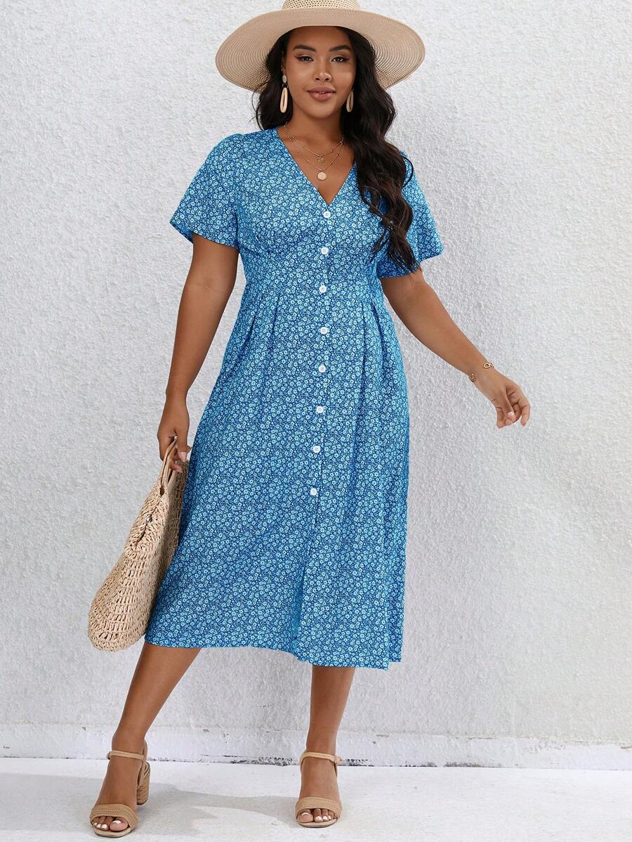 SHEIN Clasi Taglie Forti Abiti con stampa fiorellini con bottone frontale - Blu - Visualizzare 1