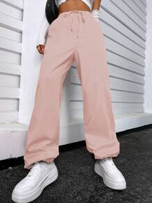 SHEIN Unity 素色腰部抽繩直筒褲 - 藕粉色 - 查看 6