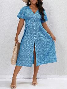 SHEIN Clasi Taglie Forti Abiti con stampa fiorellini con bottone frontale - Blu - Visualizzare 4