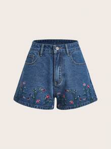 ROMWE Fairycore Summer Casual Floral Embroidered Denim Shorts, School - Medium Wash - View 1
