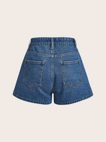 ROMWE Fairycore Summer Casual Floral Embroidered Denim Shorts, School - Medium Wash - View 2