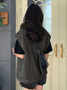 水洗翻口袋宽松女式牛仔背心夹克 - 深灰色 - 查看 2