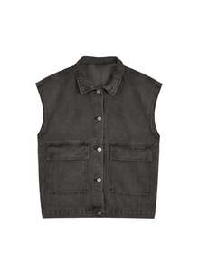 水洗翻口袋宽松女式牛仔背心夹克 - 深灰色 - 查看 3