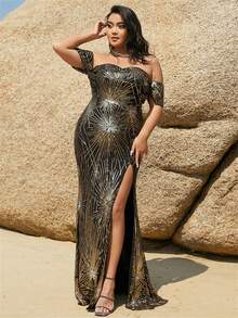 seomiscky Plus Off Shoulder Split Thigh Sequin Formal Dress - Black - View 4