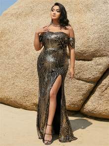 seomiscky Plus Off Shoulder Split Thigh Sequin Formal Dress - Black - View 6