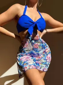 花卉印花前结式吊带比基尼夏日海滩 - 寶藍色 - 查看 1