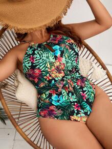 SHEIN Swim Curve Plus Tropical Print Belted Halter One Piece Swimsuit - Multicolor - View 1