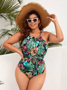SHEIN Swim Curve Plus Tropical Print Belted Halter One Piece Swimsuit - Multicolor - View 4
