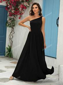 Joyfunear Robe élégante pour femmes, col asymétrique, fendue haute, couleur unie