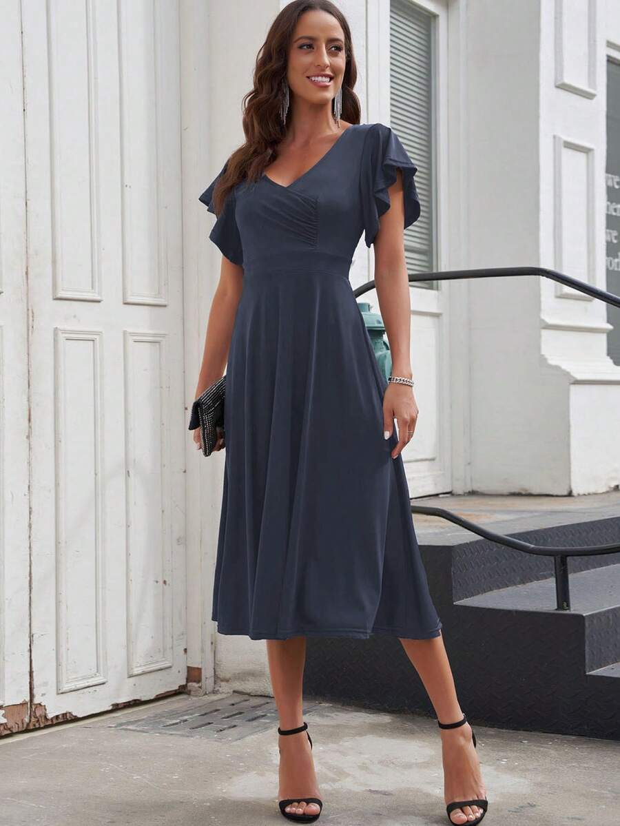 Solid Ruffle Trim A-line Dress - Navy Blue - View 1