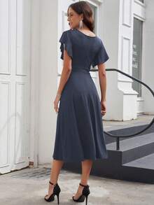 Solid Ruffle Trim A-line Dress - Navy Blue - View 2