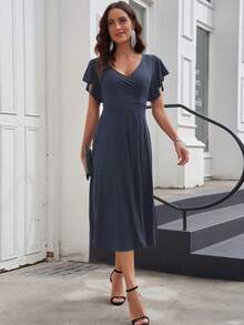 Solid Ruffle Trim A-line Dress - Navy Blue - View 4