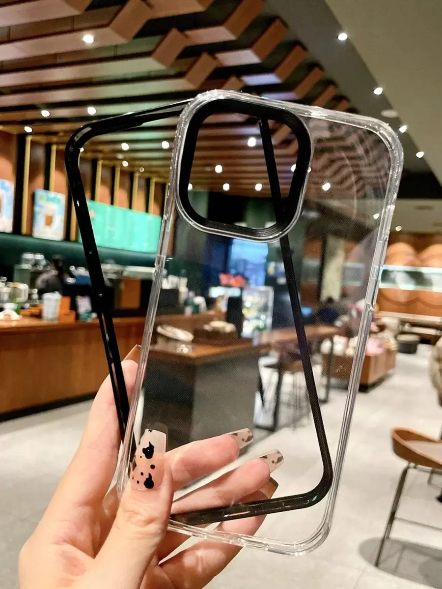 1pc Candy Color Transparent Contrast Color 3-In-1 Anti-Fall Phone Case Compatible With Apple 16, 12, 13, 14, 15, XR, XS, 13 Pro Max, 16 Pro, 17 Pro Max, 17 Air - Black - View 1