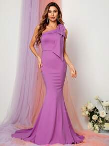 One Shoulder Knot Side Mermaid Hem Formal Dress - Mauve Purple - View 6