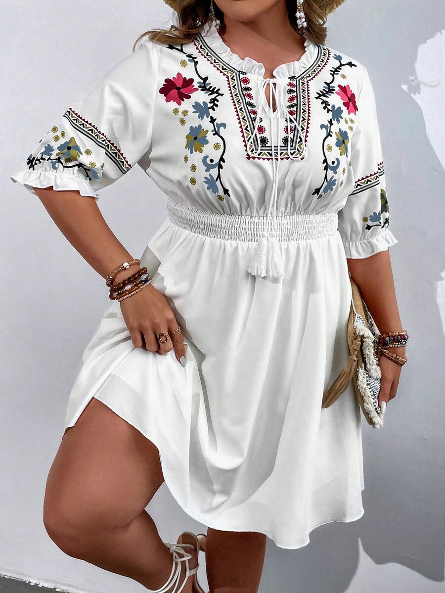 SHEIN Clasi Robe brodé fleur à franges à nœud manches évasées