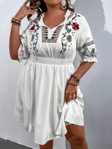 SHEIN Clasi Robe brodé fleur à franges à nœud manches évasées