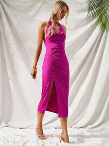 SHEIN VCAY Đầm Lộ Lưng Vắt Tách cao màu trơn Gợi cảm - Màu Hồng Tươi - Xem 4