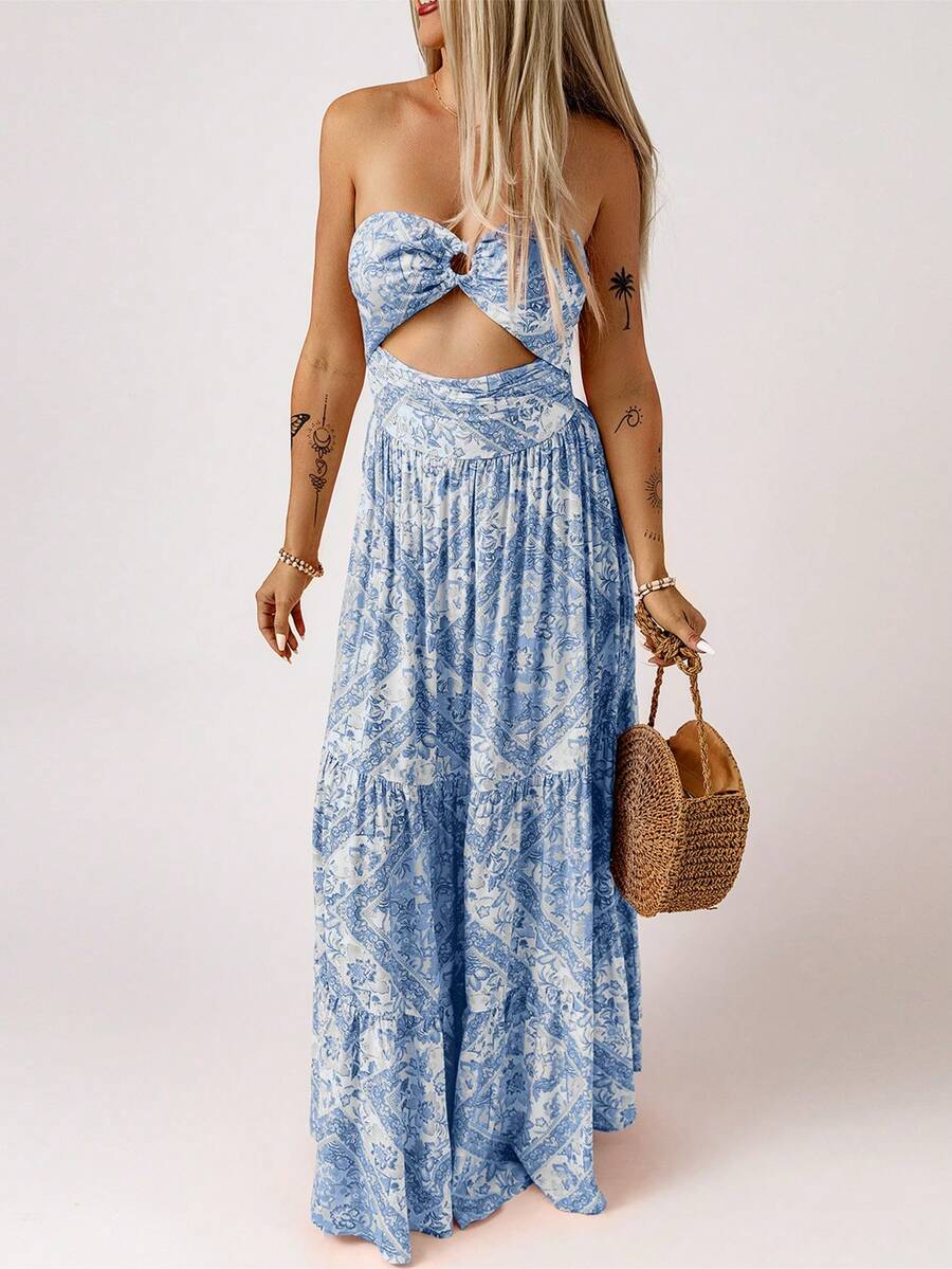 Scarf Print Cut Out Ruffle Hem Tube Dress - Blue - View 1