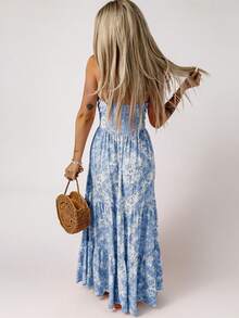 Scarf Print Cut Out Ruffle Hem Tube Dress - Blue - View 2