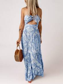 Scarf Print Cut Out Ruffle Hem Tube Dress - Blue - View 5