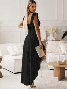 Acelitt Solid High Low Hem Lace Dress - Black - View 2