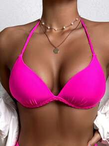Solid Halter Push Up Summer Beach Bikini Set - Hot Pink - View 3