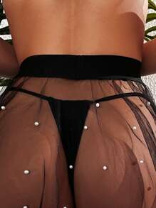SHEIN Swim Pearls Beaded Sheer Mesh Cover Up Skirt Without Bikini,Summer Beach - Black - View 2