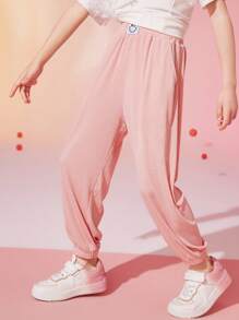 Teen Girls Cartoon Patched Detail Trousers - Pink - View 1